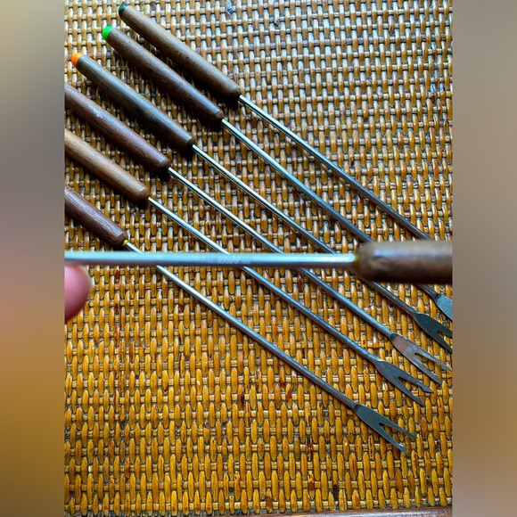 Mid Century Teak Handle Stainless Steel Fondue Fork Set of 7 - Picture 3 of 4